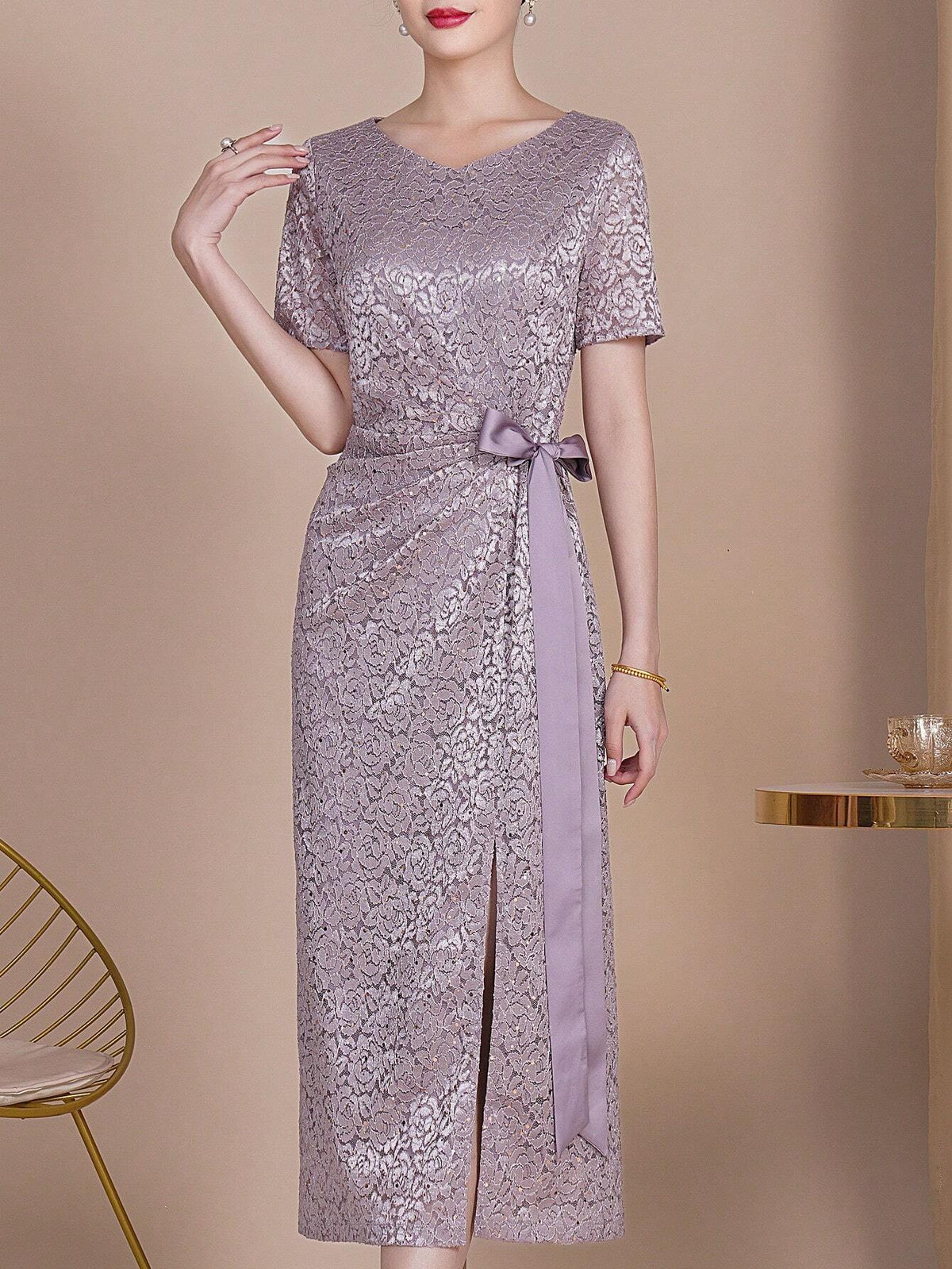 Floral Jacquard Knot Side Split Thigh Bridesmaid Dress