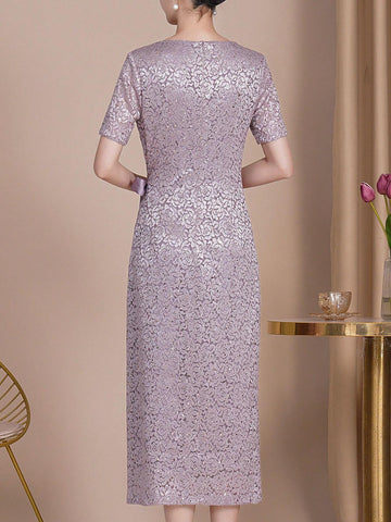 Floral Jacquard Knot Side Split Thigh Bridesmaid Dress
