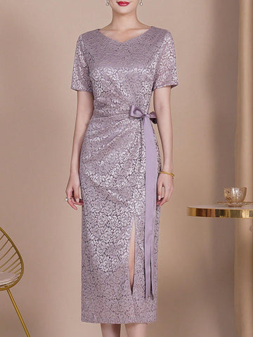 Floral Jacquard Knot Side Split Thigh Bridesmaid Dress