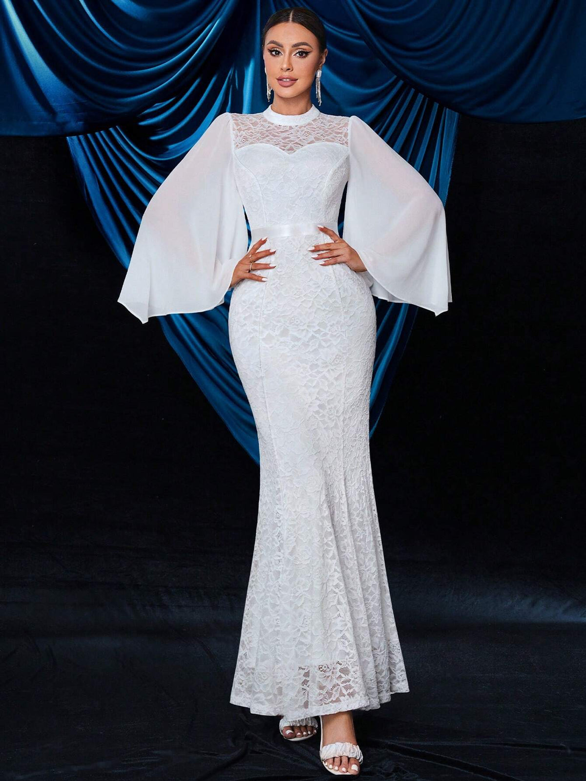 Floral Lace Flare Sleeve Chiffon Mermaid Hem Wedding Maxi Dress