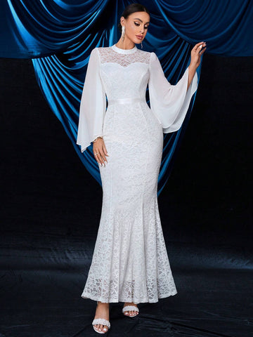 Floral Lace Flare Sleeve Chiffon Mermaid Hem Wedding Maxi Dress