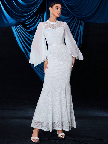 Floral Lace Flare Sleeve Chiffon Mermaid Hem Wedding Maxi Dress
