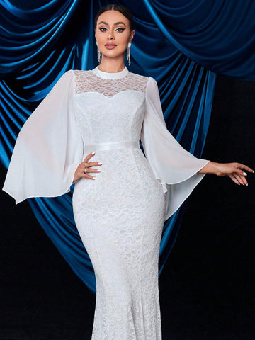 Floral Lace Flare Sleeve Chiffon Mermaid Hem Wedding Maxi Dress