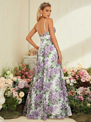 Floral Print Backless Cami Bridesmaid Dress