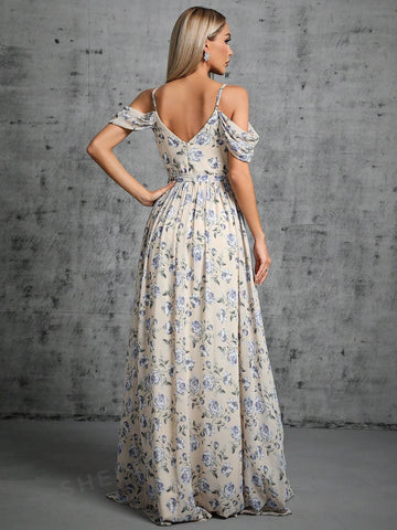 Floral Print Cold Shoulder Belted Bridesmaid Dress