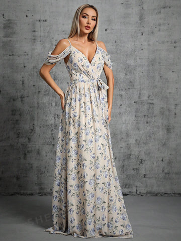 Floral Print Cold Shoulder Belted Bridesmaid Dress