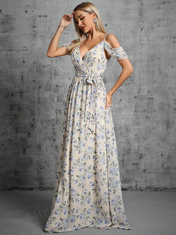 Floral Print Cold Shoulder Belted Bridesmaid Dress