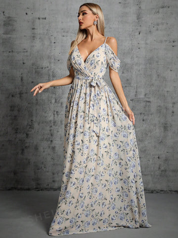 Floral Print Cold Shoulder Belted Bridesmaid Dress