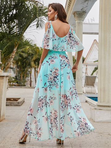 Floral Print Cold Shoulder Chiffon Bridesmaid Dress