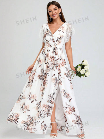 Floral Print Contrast Lace Split Thigh Bridesmaid Dress