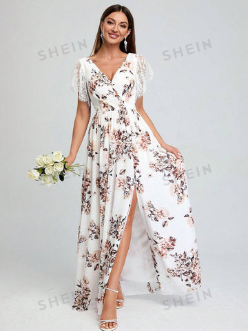 Floral Print Contrast Lace Split Thigh Bridesmaid Dress