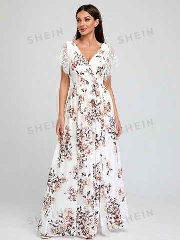 Floral Print Contrast Lace Split Thigh Bridesmaid Dress