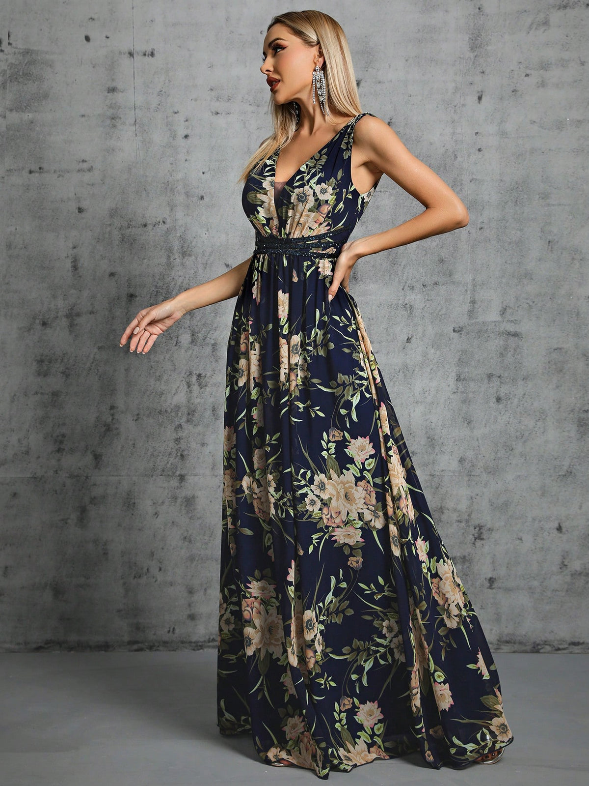 Floral Print Contrast Sequin Chiffon Bridesmaid Dress