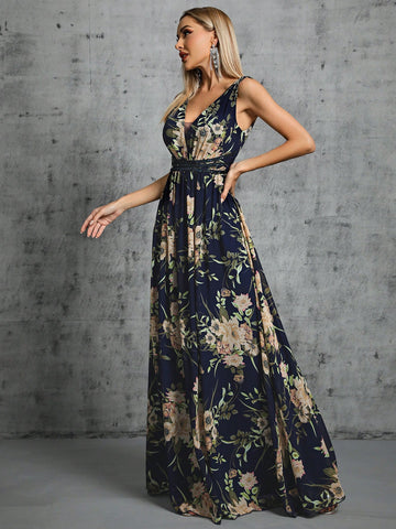 Floral Print Contrast Sequin Chiffon Bridesmaid Dress