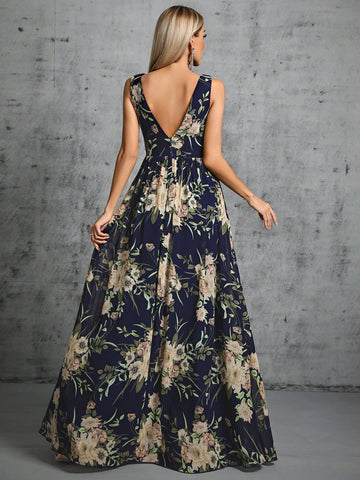 Floral Print Contrast Sequin Chiffon Bridesmaid Dress