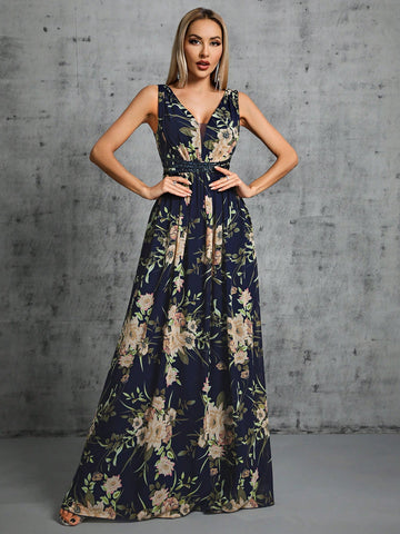 Floral Print Contrast Sequin Chiffon Bridesmaid Dress