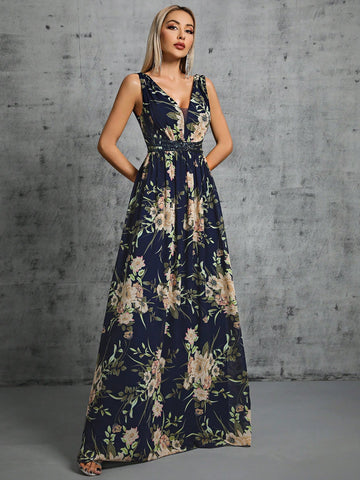 Floral Print Contrast Sequin Chiffon Bridesmaid Dress