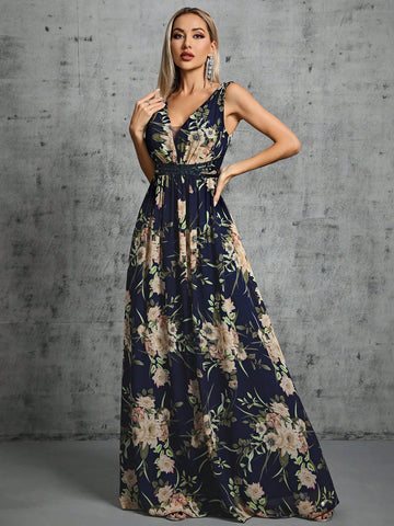 Floral Print Contrast Sequin Chiffon Bridesmaid Dress