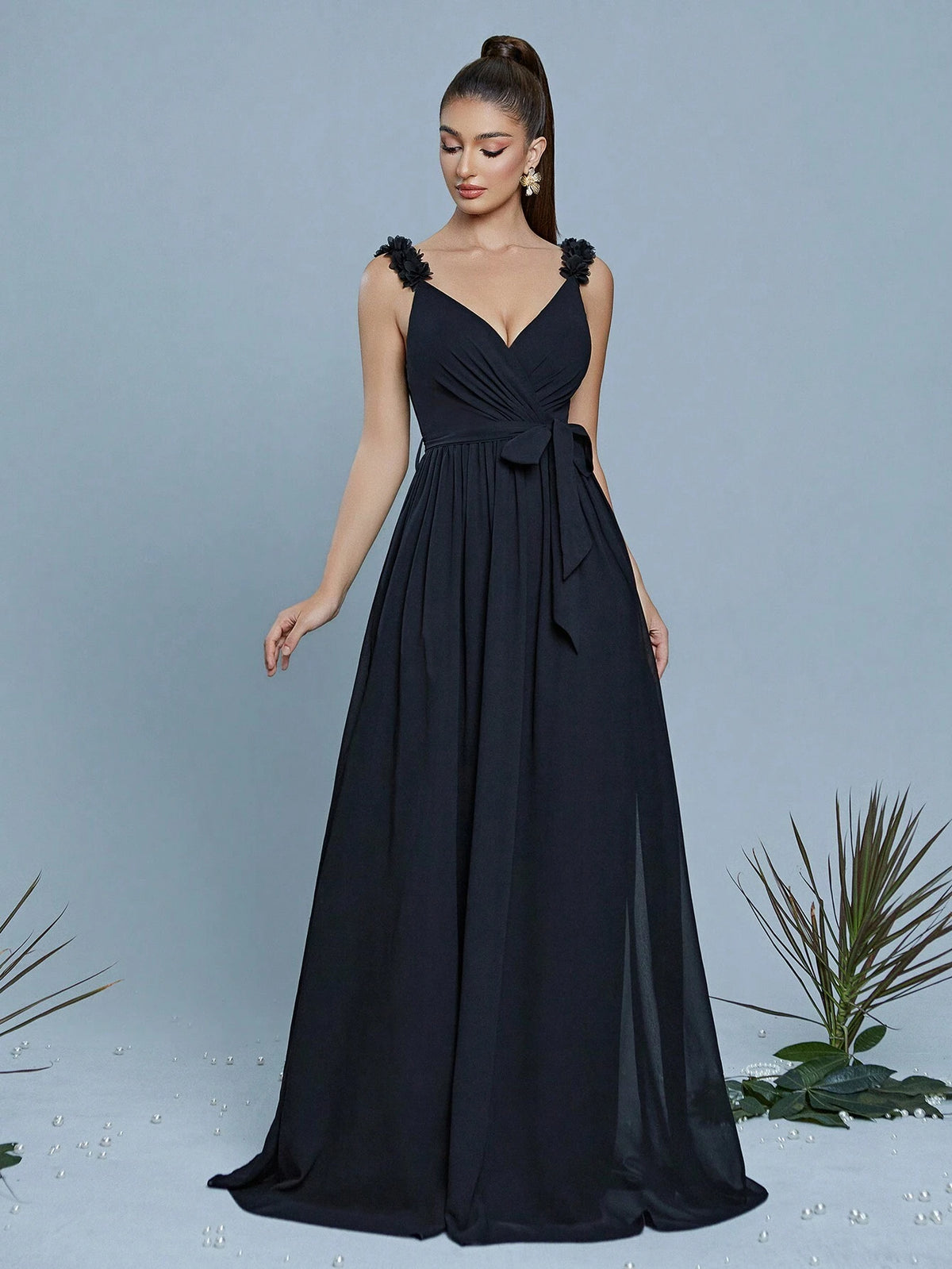 Sleeveless Dress With 3D Floral Decor, Suitable For Bridesmaid, Elegant Dress