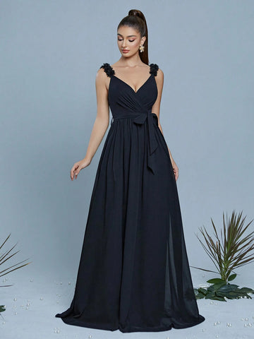 Sleeveless Dress With 3D Floral Decor, Suitable For Bridesmaid, Elegant Dress