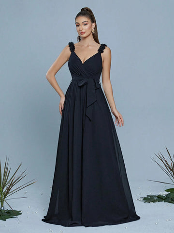 Sleeveless Dress With 3D Floral Decor, Suitable For Bridesmaid, Elegant Dress