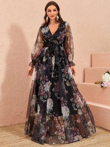 Floral Print Flare Sleeve Belted Mesh Overlay Dress