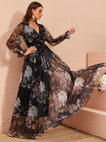 Floral Print Flare Sleeve Belted Mesh Overlay Dress