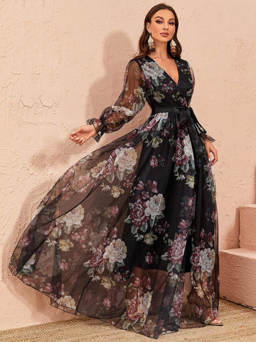 Floral Print Flare Sleeve Belted Mesh Overlay Dress