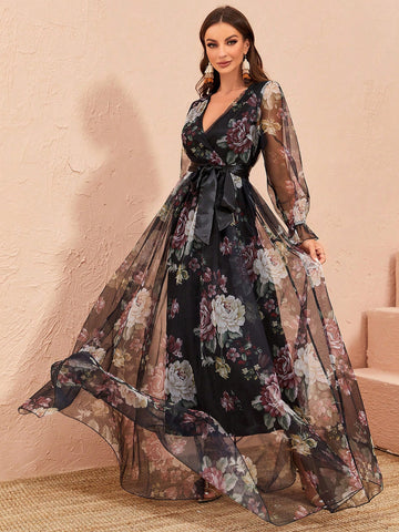 Floral Print Flare Sleeve Belted Mesh Overlay Dress