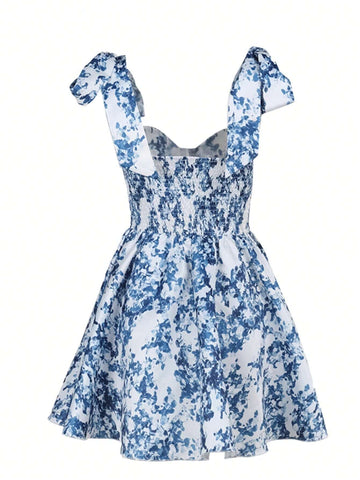 Floral Print Heart Neck Twist Front Sleeveless A-Line Dress, Summer