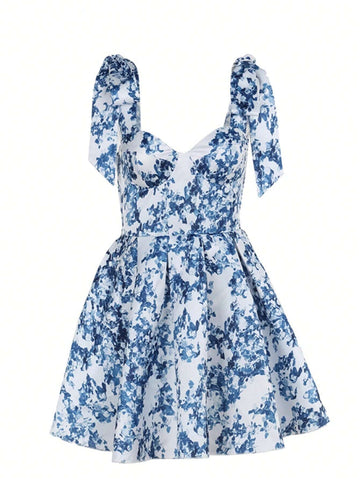 Floral Print Heart Neck Twist Front Sleeveless A-Line Dress, Summer