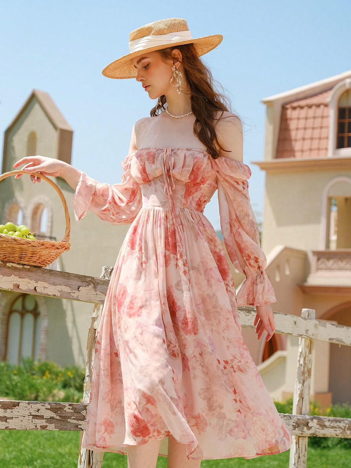 Floral Print Off Shoulder Flounce Sleeve Dress