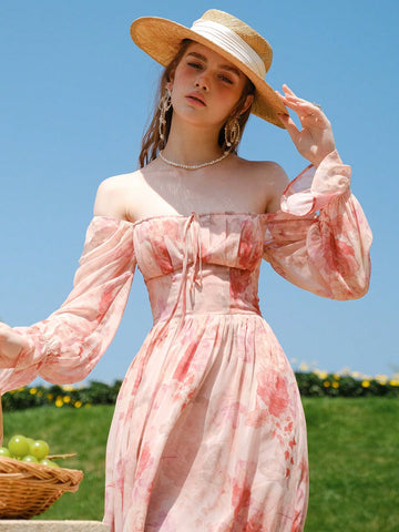 Floral Print Off Shoulder Flounce Sleeve Dress