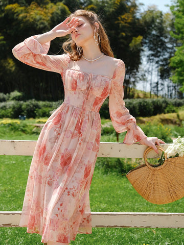 Floral Print Off Shoulder Flounce Sleeve Dress