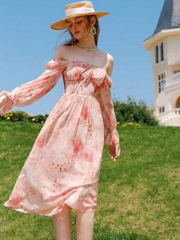 Floral Print Off Shoulder Flounce Sleeve Dress