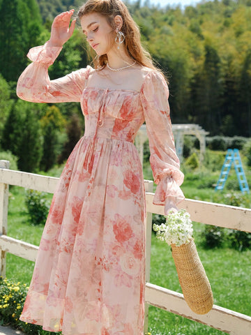 Floral Print Off Shoulder Flounce Sleeve Dress