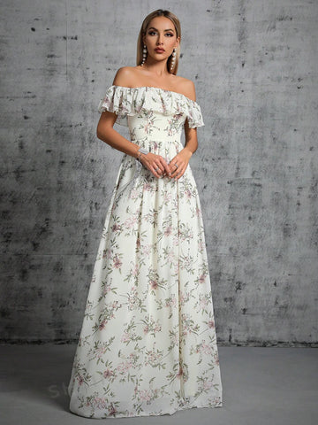 Floral Print Off Shoulder Ruffle Trim Split Thigh Bridesmaid Dress