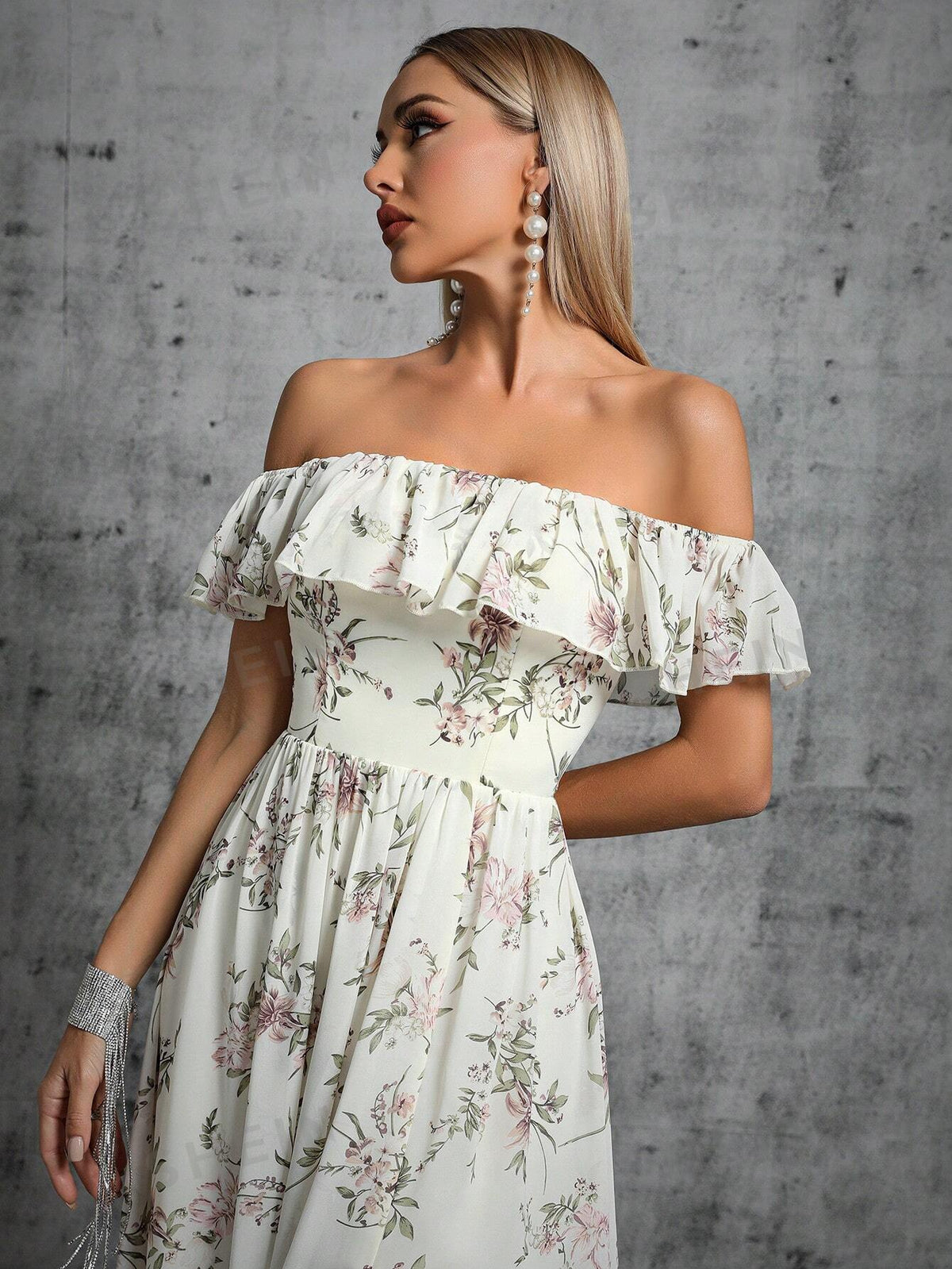 Floral Print Off Shoulder Ruffle Trim Split Thigh Bridesmaid Dress