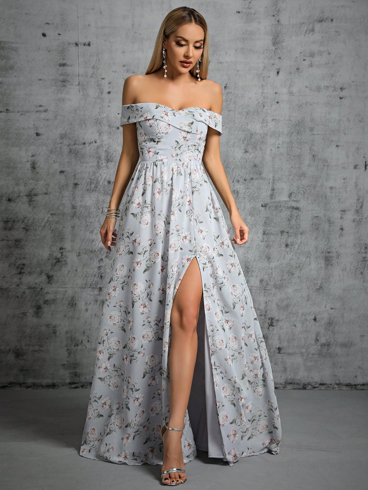 Floral Print Off Shoulder Split Thigh Dress