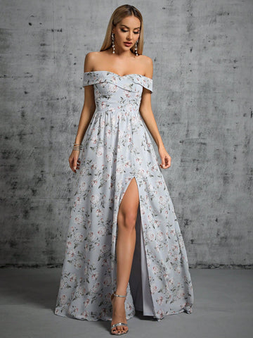 Floral Print Off Shoulder Split Thigh Dress