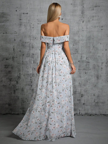 Floral Print Off Shoulder Split Thigh Dress