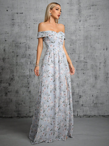 Floral Print Off Shoulder Split Thigh Dress