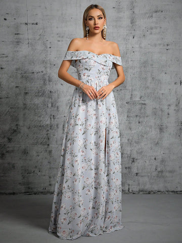 Floral Print Off Shoulder Split Thigh Dress