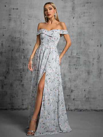 Floral Print Off Shoulder Split Thigh Dress