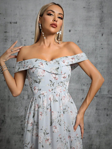 Floral Print Off Shoulder Split Thigh Dress