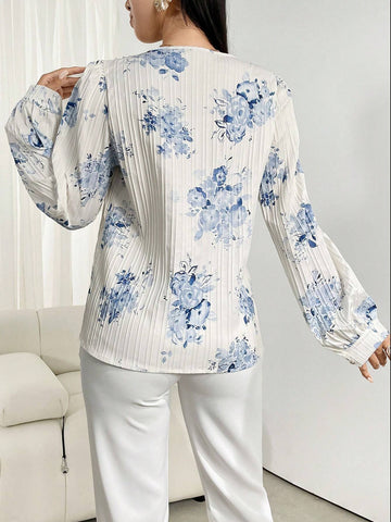 Floral Print Pearls Beaded Keyhole Neckline Blouse