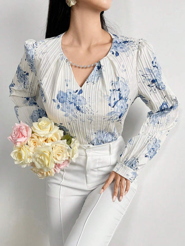 Floral Print Pearls Beaded Keyhole Neckline Blouse