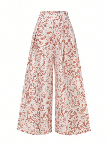 Floral Print Pleated Wide Leg Pants