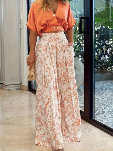 Floral Print Pleated Wide Leg Pants