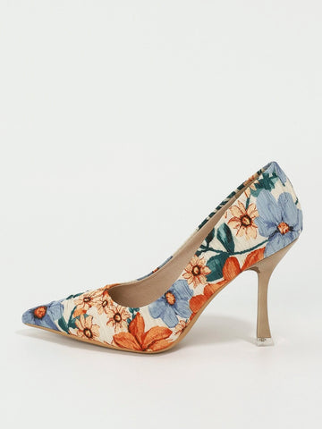 Floral Print Point Toe Stiletto Heeled Court Pumps